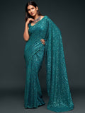 Attractive Teal Blue Sequined Georgette Party Wear Saree - Zeel Clothing