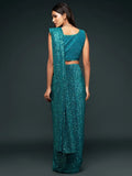 Attractive Teal Blue Sequined Georgette Party Wear Saree - Zeel Clothing