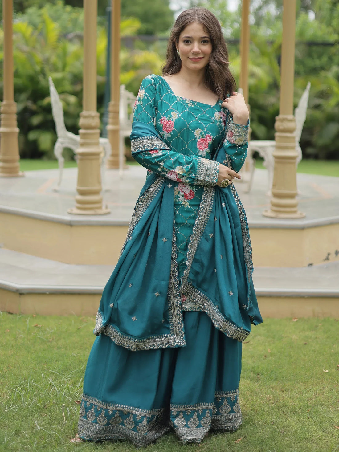 Attractive Teal Blue Sequins Chinon Palazzo Suit With Dupatta - Zeel Clothing