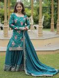 Attractive Teal Blue Sequins Chinon Palazzo Suit With Dupatta - Zeel Clothing