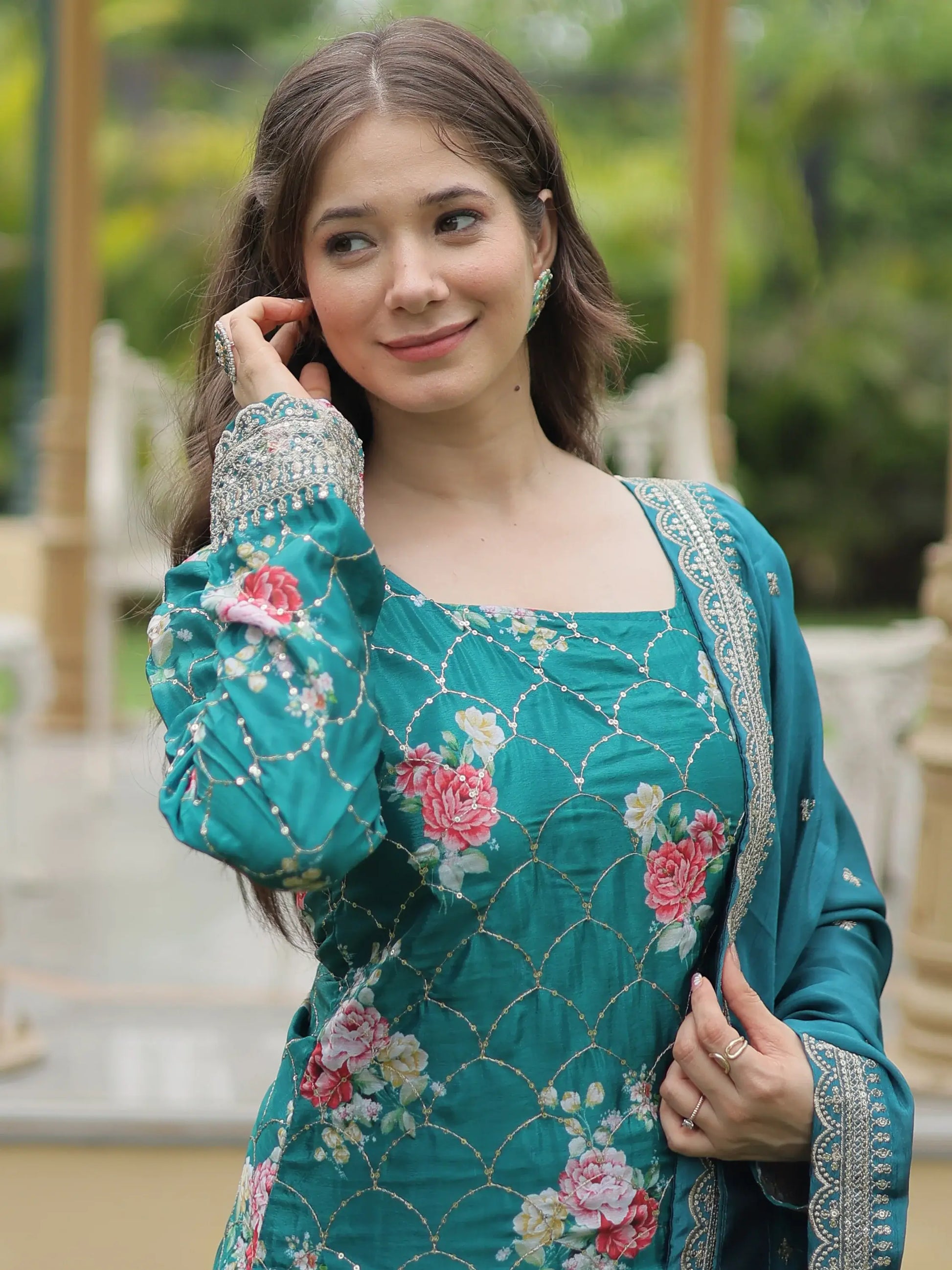 Attractive Teal Blue Sequins Chinon Palazzo Suit With Dupatta - Zeel Clothing