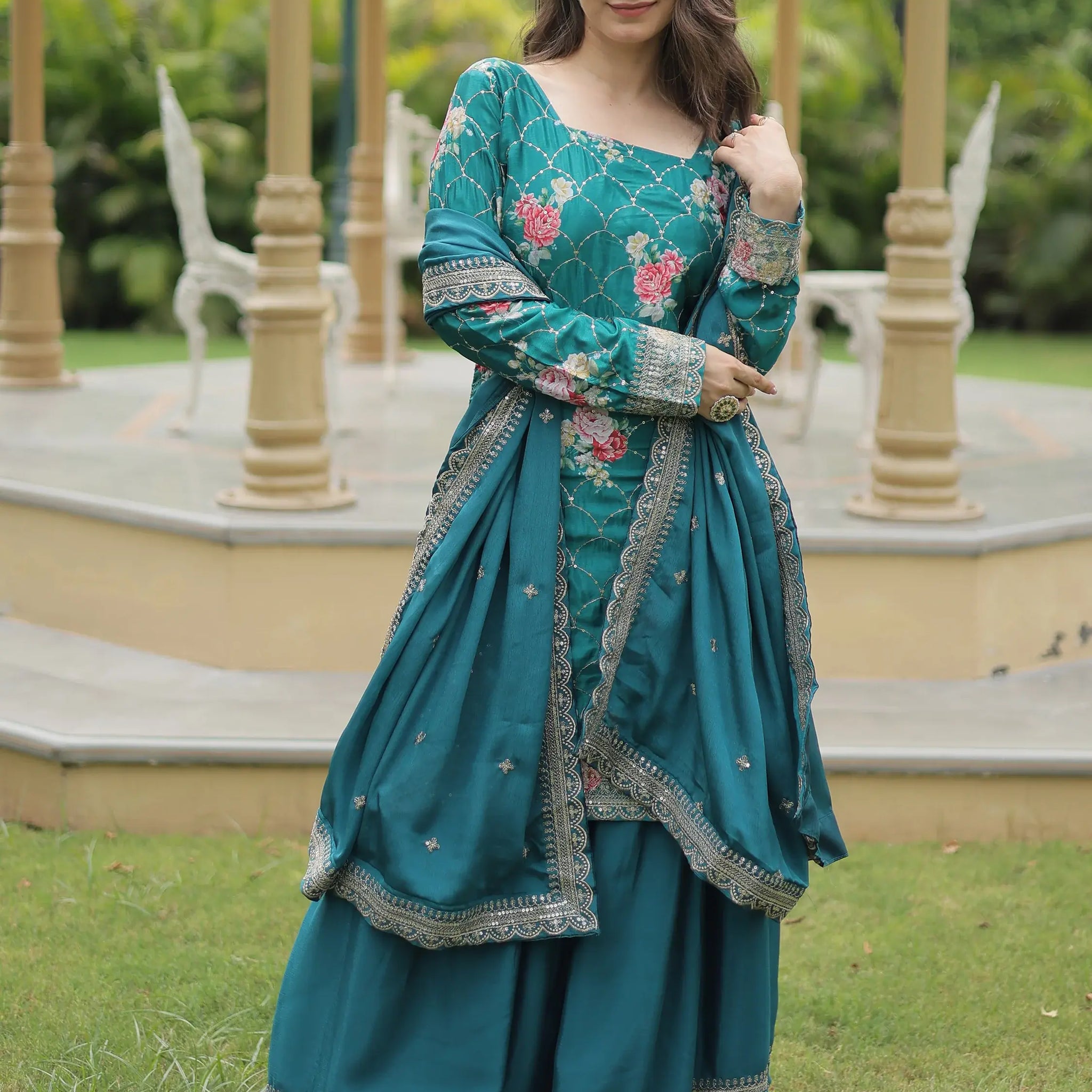 Attractive Teal Blue Sequins Chinon Palazzo Suit With Dupatta - Zeel Clothing