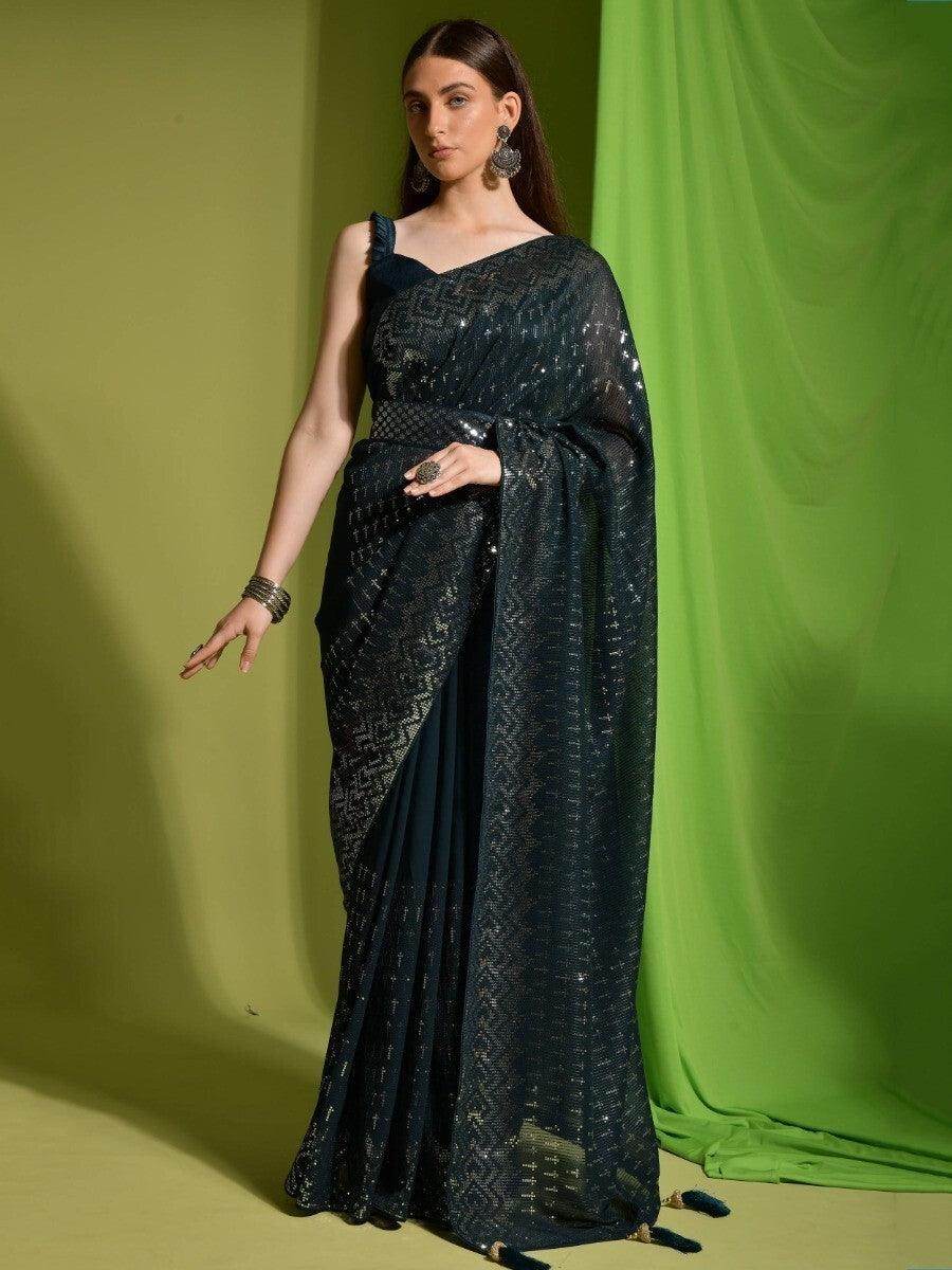 Attractive Teal Blue Sequins Georgette Function Wear Saree With Blouse - Zeel Clothing