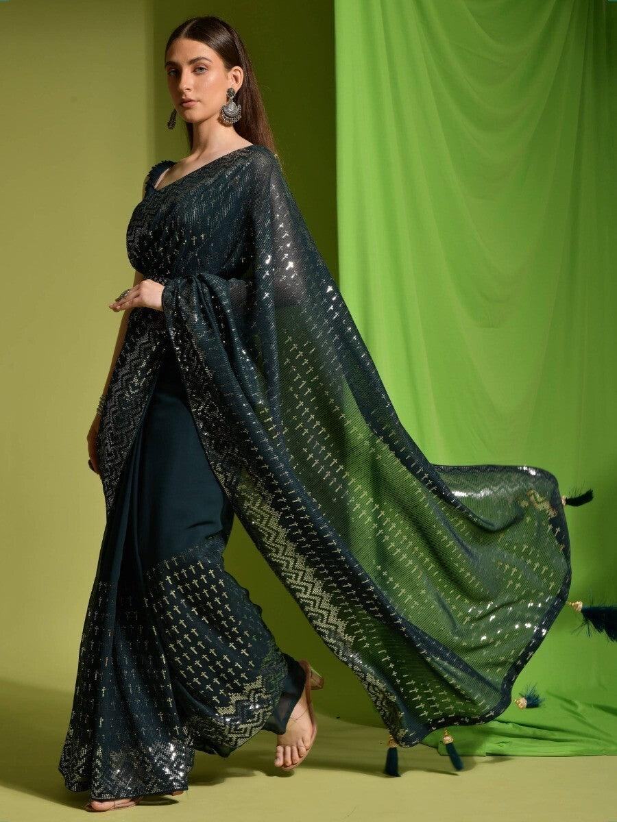 Attractive Teal Blue Sequins Georgette Function Wear Saree With Blouse