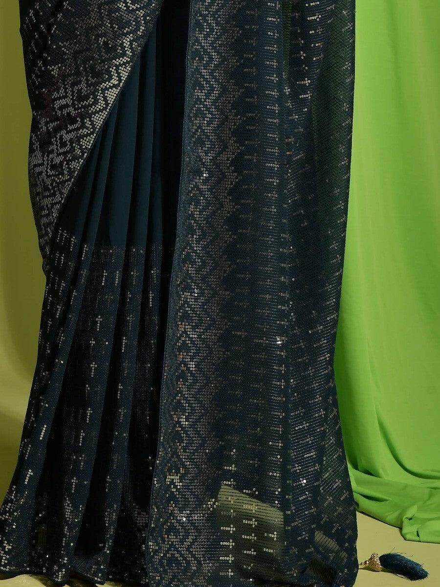 Attractive Teal Blue Sequins Georgette Function Wear Saree With Blouse - Zeel Clothing