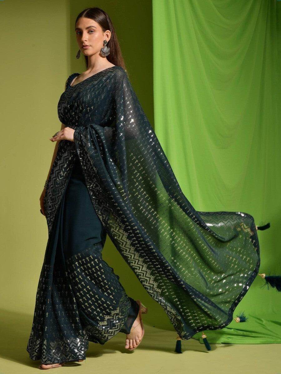 Attractive Teal Blue Sequins Georgette Function Wear Saree With Blouse - Zeel Clothing