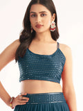 Attractive Teal Blue Sequins Georgette Reception Wear Lehenga Choli - Zeel Clothing