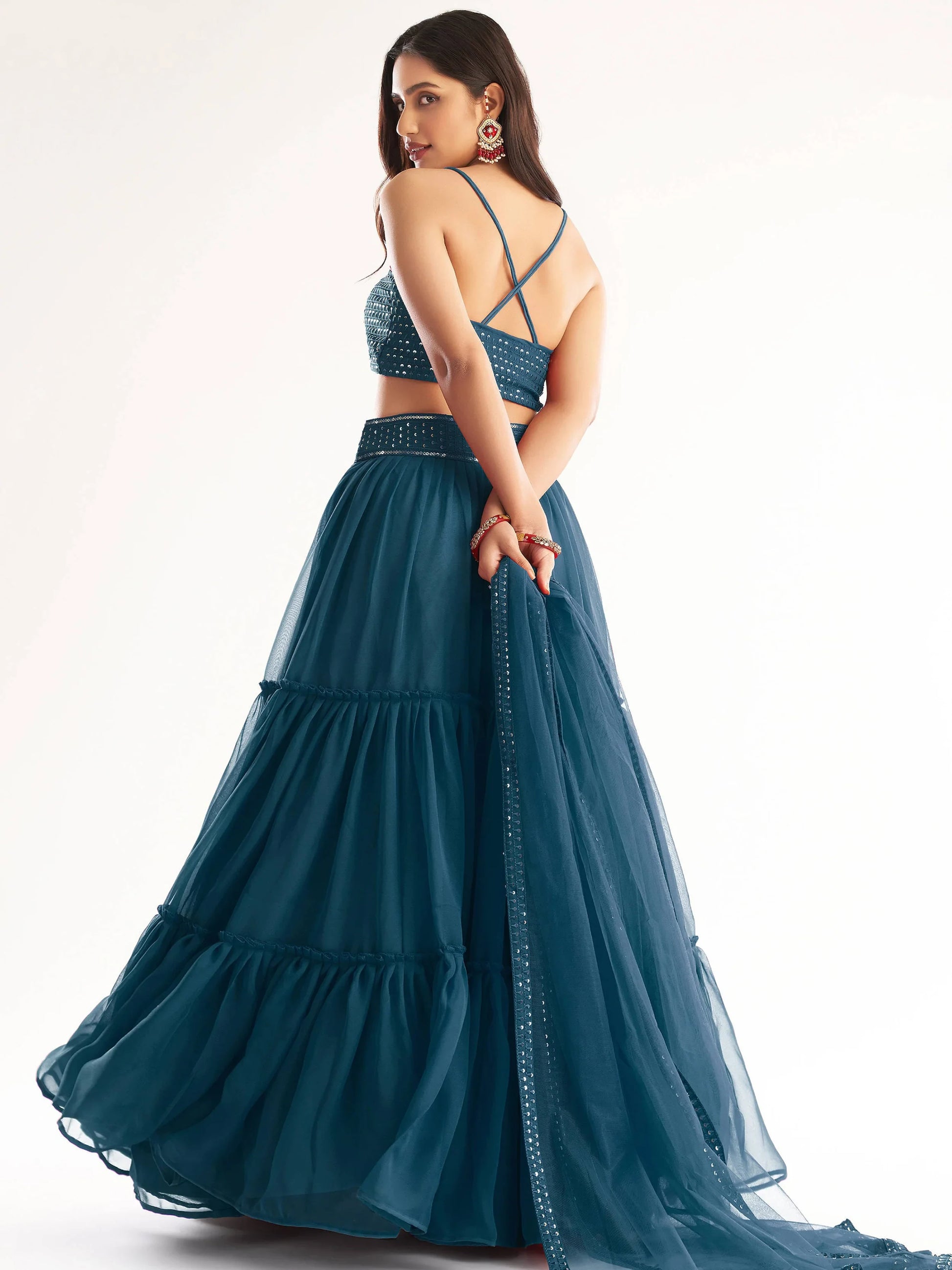 Attractive Teal Blue Sequins Georgette Reception Wear Lehenga Choli - Zeel Clothing