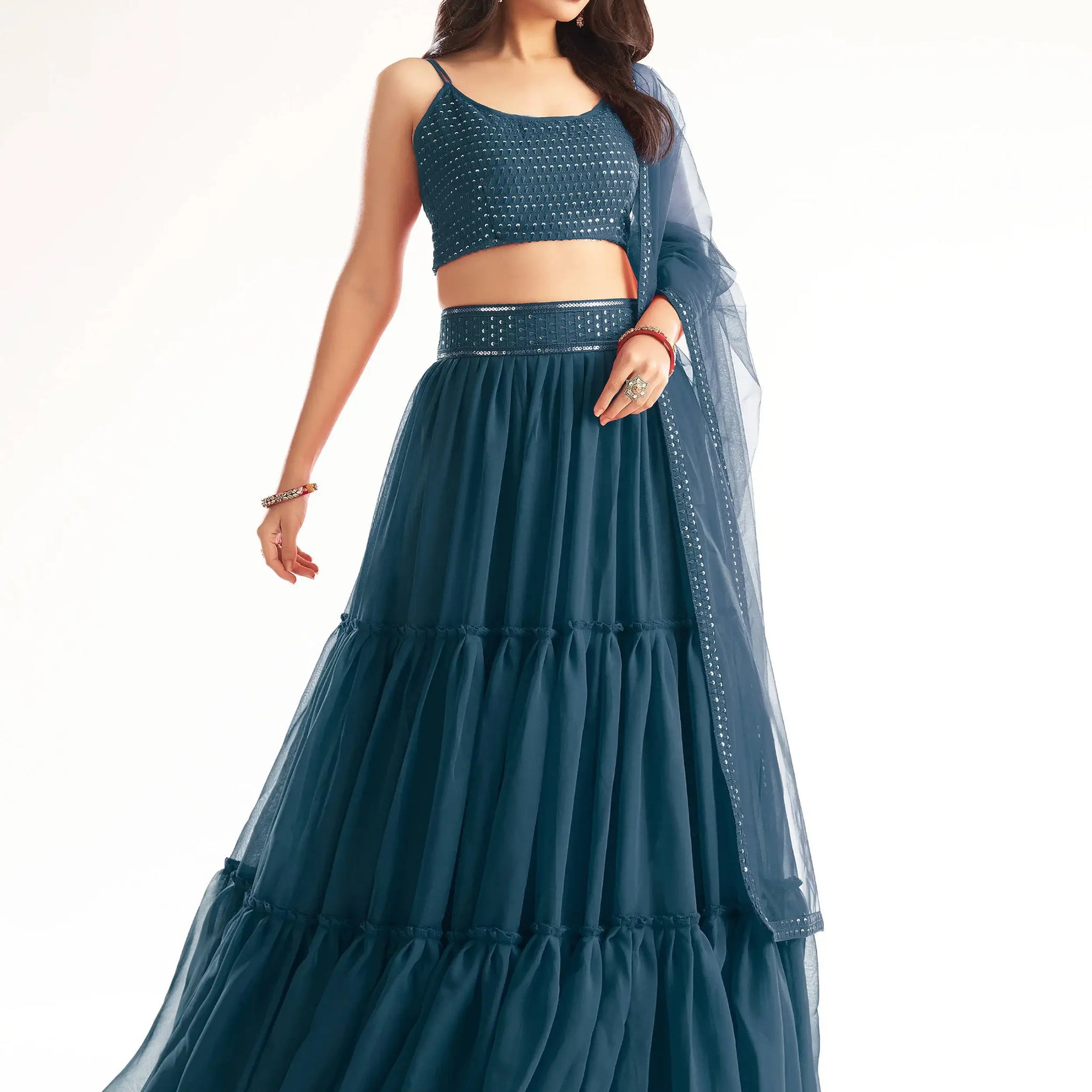 Attractive Teal Blue Sequins Georgette Reception Wear Lehenga Choli - Zeel Clothing