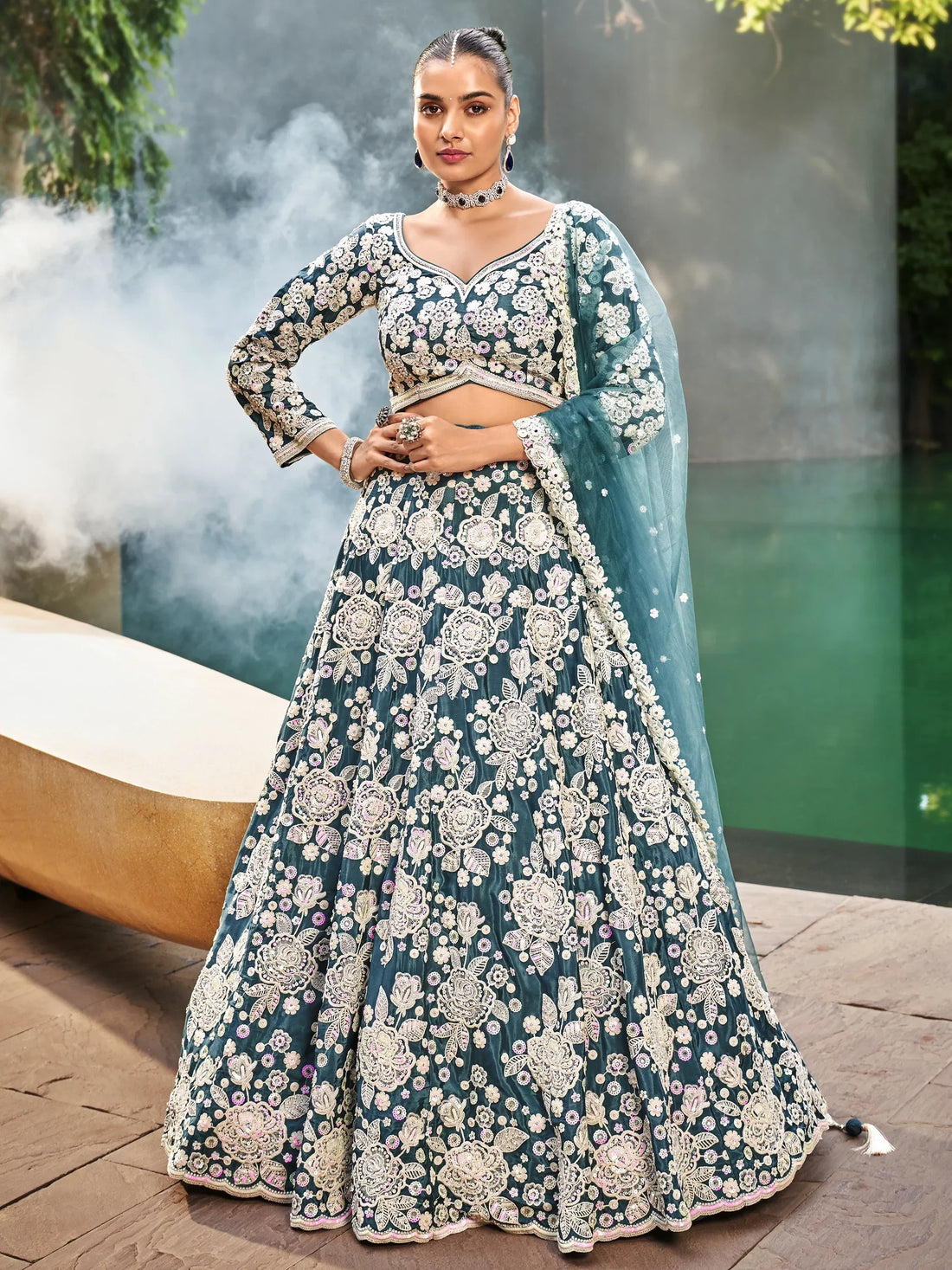 Attractive Teal Blue Sequins Satin Bridesmaid Lehenga Choli With Dupatta - Zeel Clothing