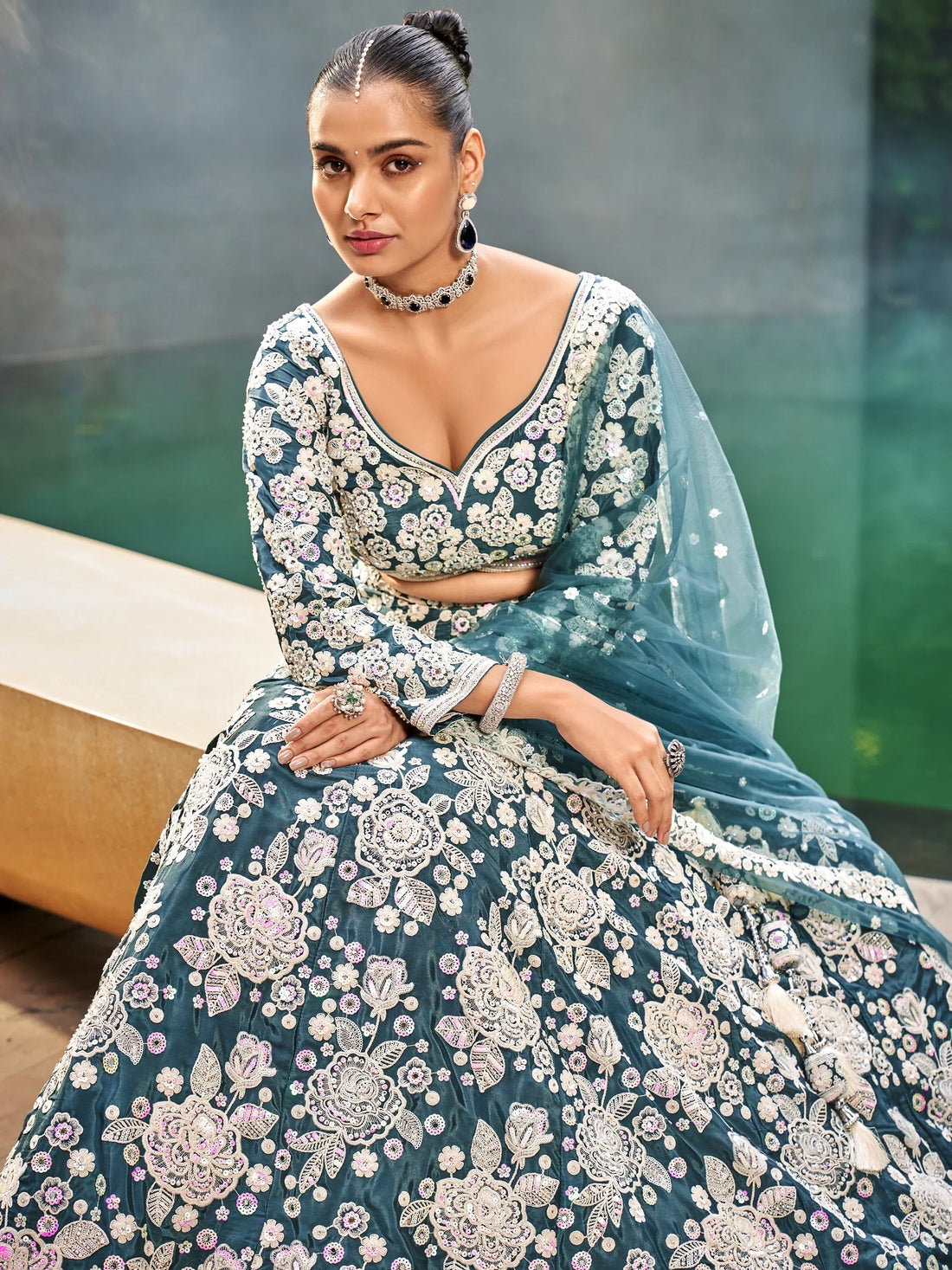 Attractive Teal Blue Sequins Satin Bridesmaid Lehenga Choli With Dupatta - Zeel Clothing