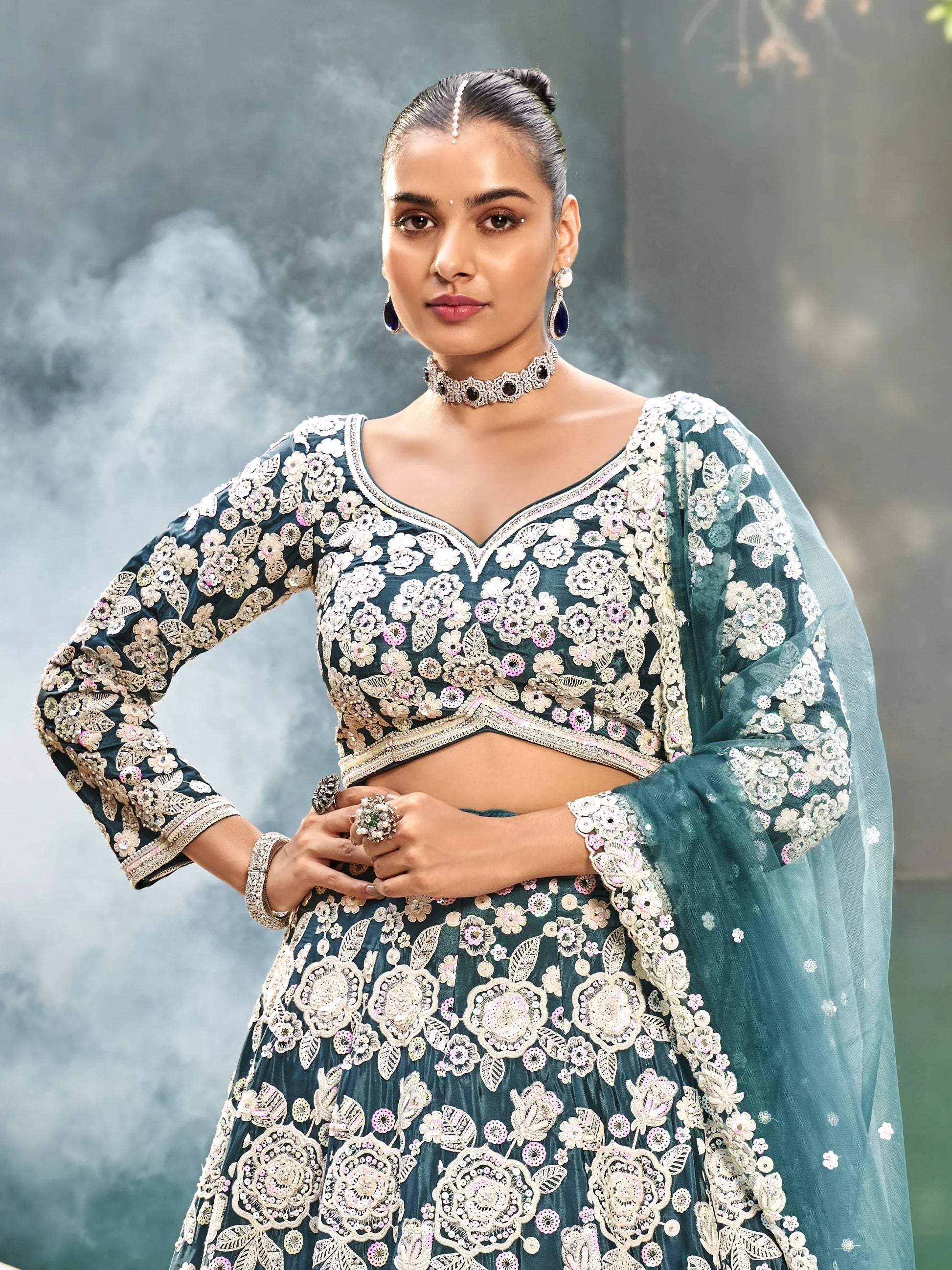Attractive Teal Blue Sequins Satin Bridesmaid Lehenga Choli With Dupatta - Zeel Clothing