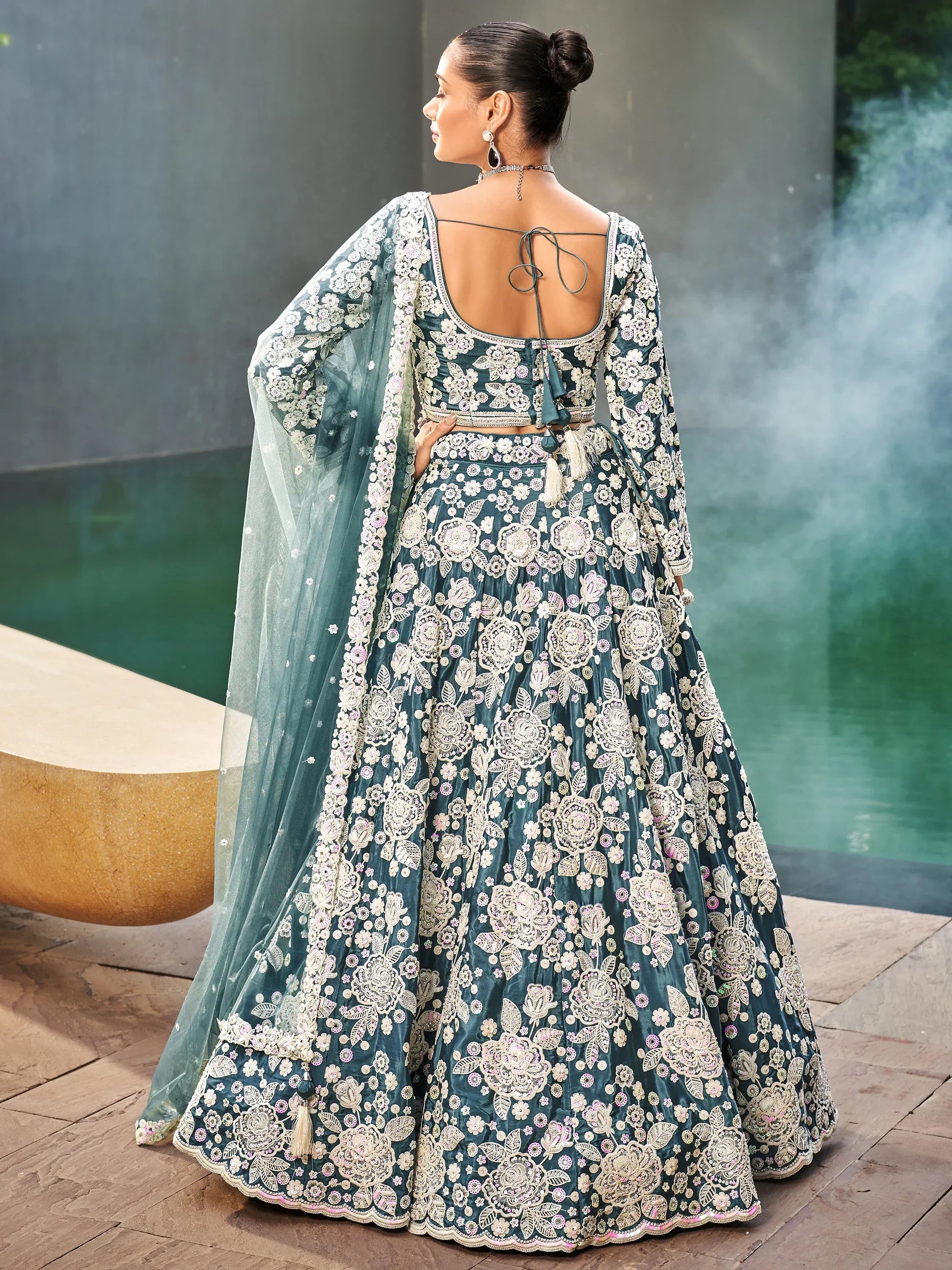 Attractive Teal Blue Sequins Satin Bridesmaid Lehenga Choli With Dupatta - Zeel Clothing