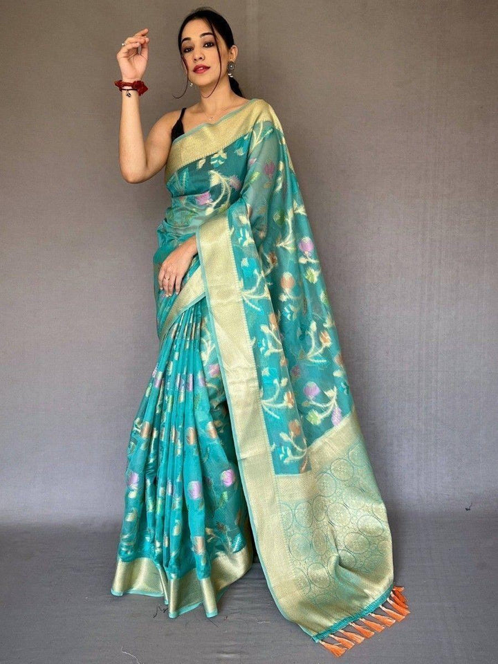 Attractive Teal Blue Woven Organza Silk Classic Saree With Blouse