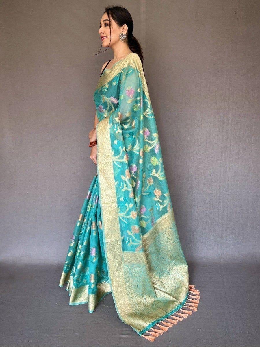 Attractive Teal Blue Woven Organza Silk Classic Saree With Blouse