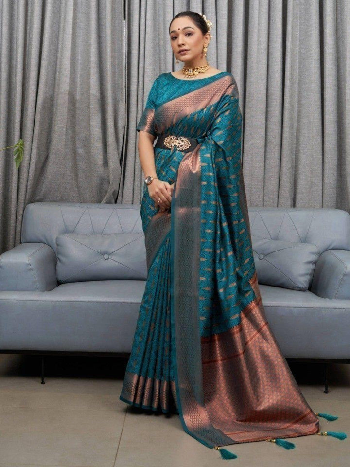 Attractive Teal Blue Woven Soft Silk Festival Wear Saree With Blouse
