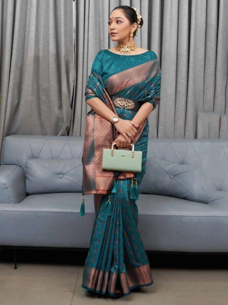 Attractive Teal Blue Woven Soft Silk Festival Wear Saree With Blouse