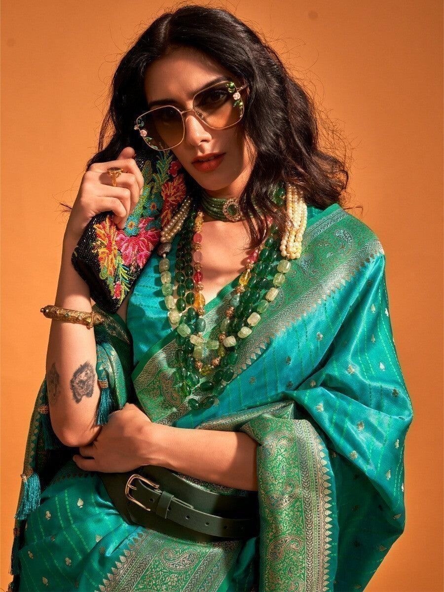 Attractive Teal Blue Zari Weaving Satin Sangeet Wear Saree With Blouse
