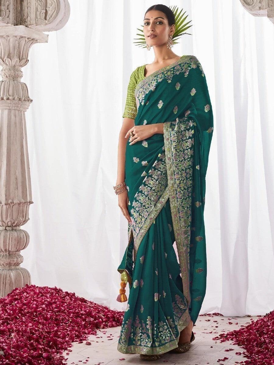 Attractive Teal Blue Zari Weaving Silk Reception Wear Saree