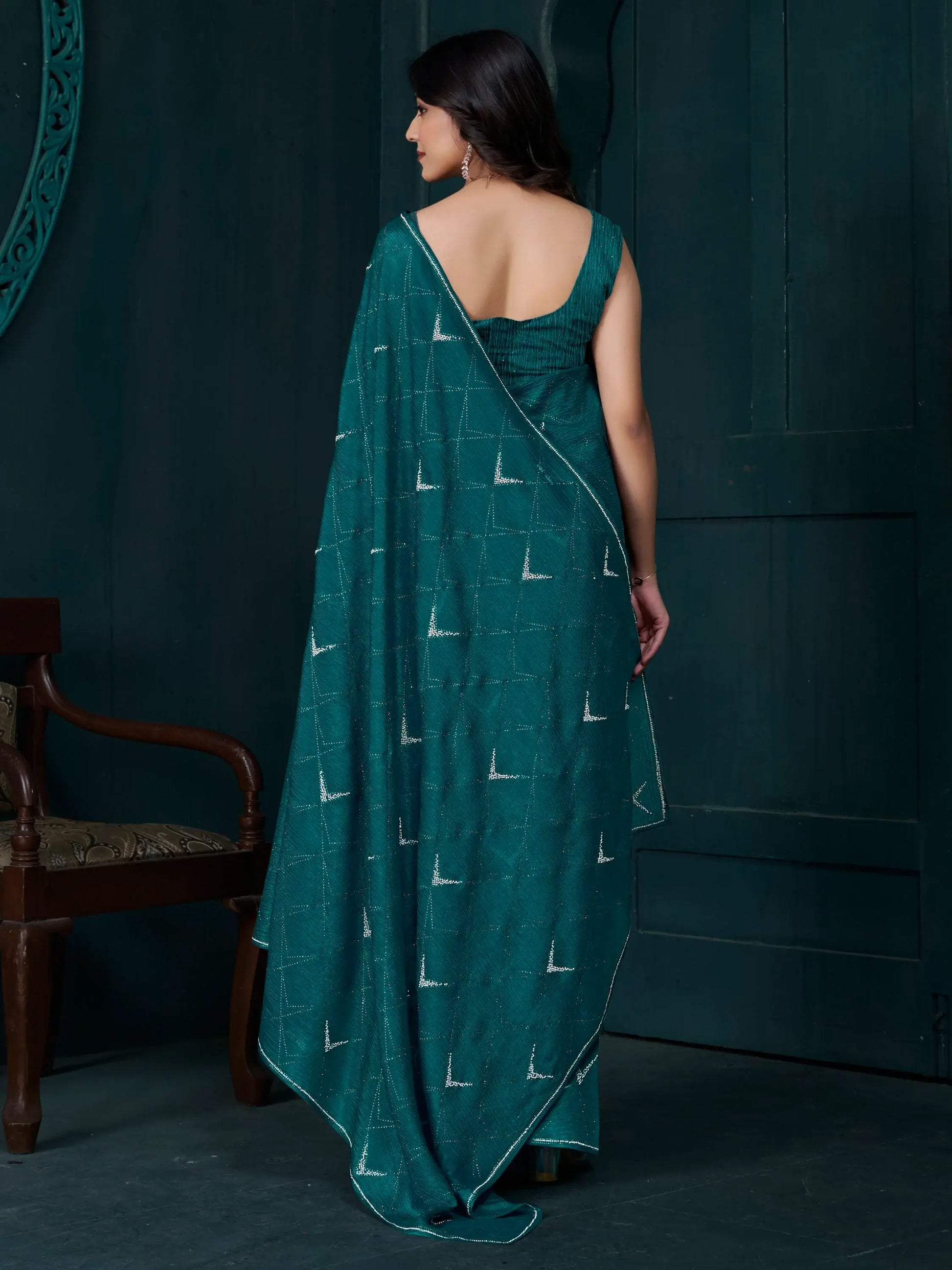 Attractive Teal Green Crepe Silk Event Wear Saree With Blouse - Zeel Clothing