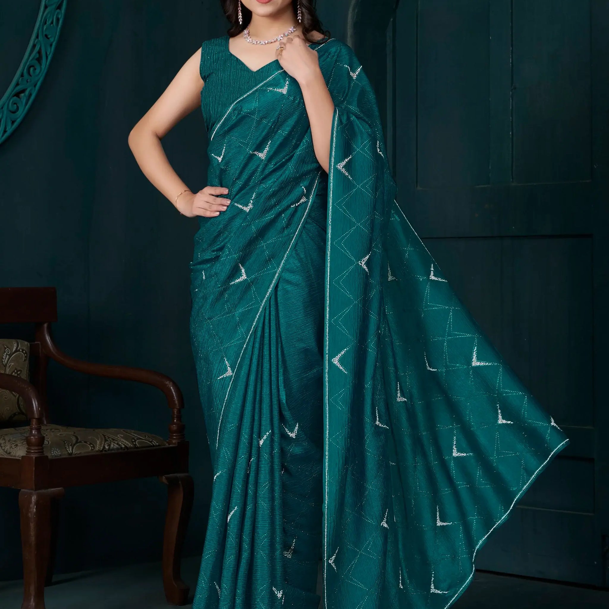 Attractive Teal Green Crepe Silk Event Wear Saree With Blouse - Zeel Clothing