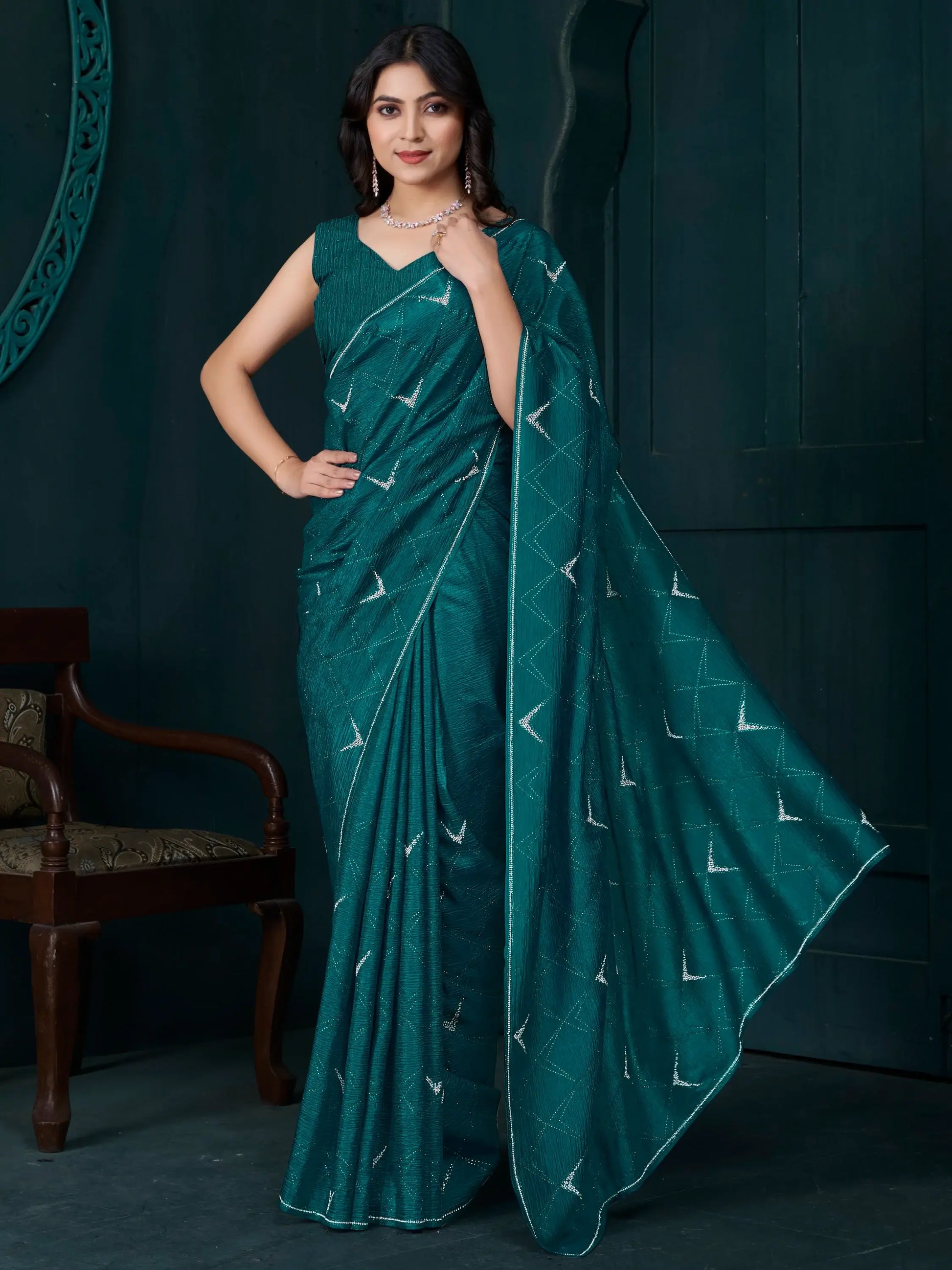 Attractive Teal Green Crepe Silk Event Wear Saree With Blouse - Zeel Clothing