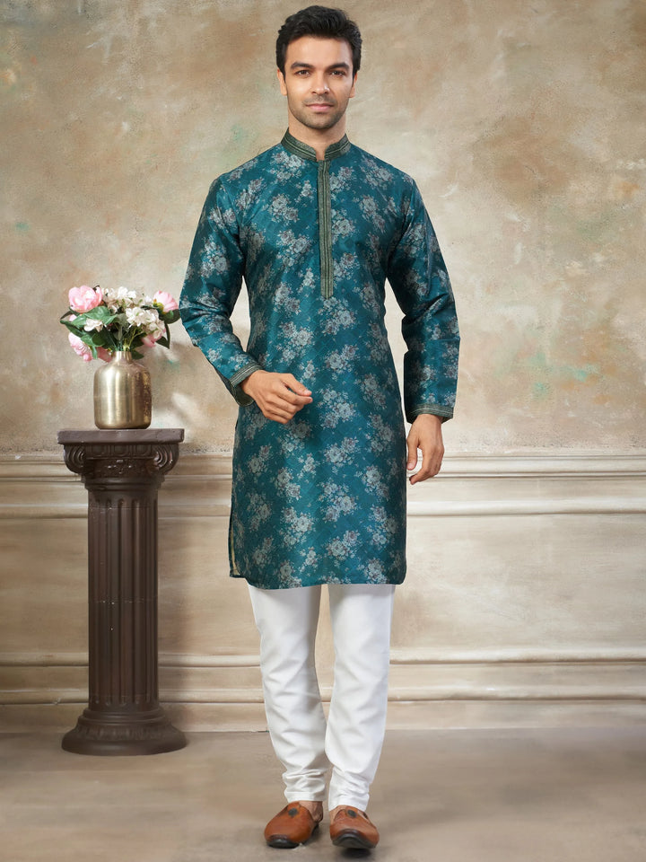 Attractive Teal Green Digital Printed Silk Wedding Wear Men Kurta Set
