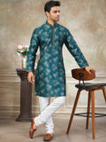 Attractive Teal Green Digital Printed Silk Wedding Wear Men Kurta Set