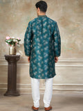 Attractive Teal Green Digital Printed Silk Wedding Wear Men Kurta Set
