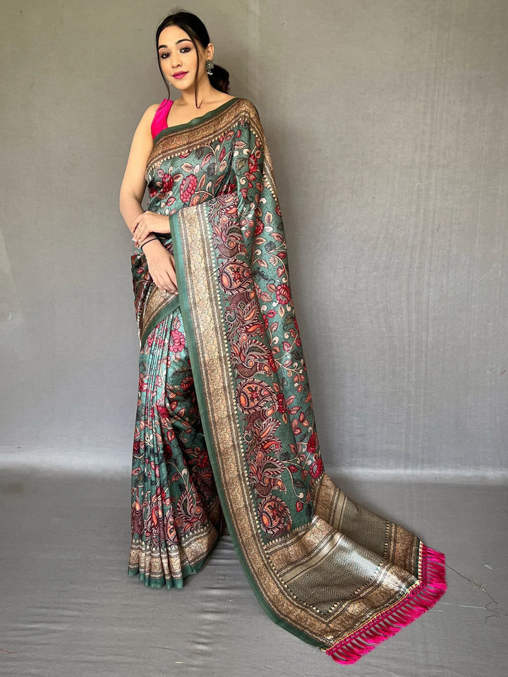 Attractive Teal Green Kalamkari Printed Soft Silk Saree With Blouse - Zeel Clothing