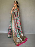 Attractive Teal Green Kalamkari Printed Soft Silk Saree With Blouse - Zeel Clothing