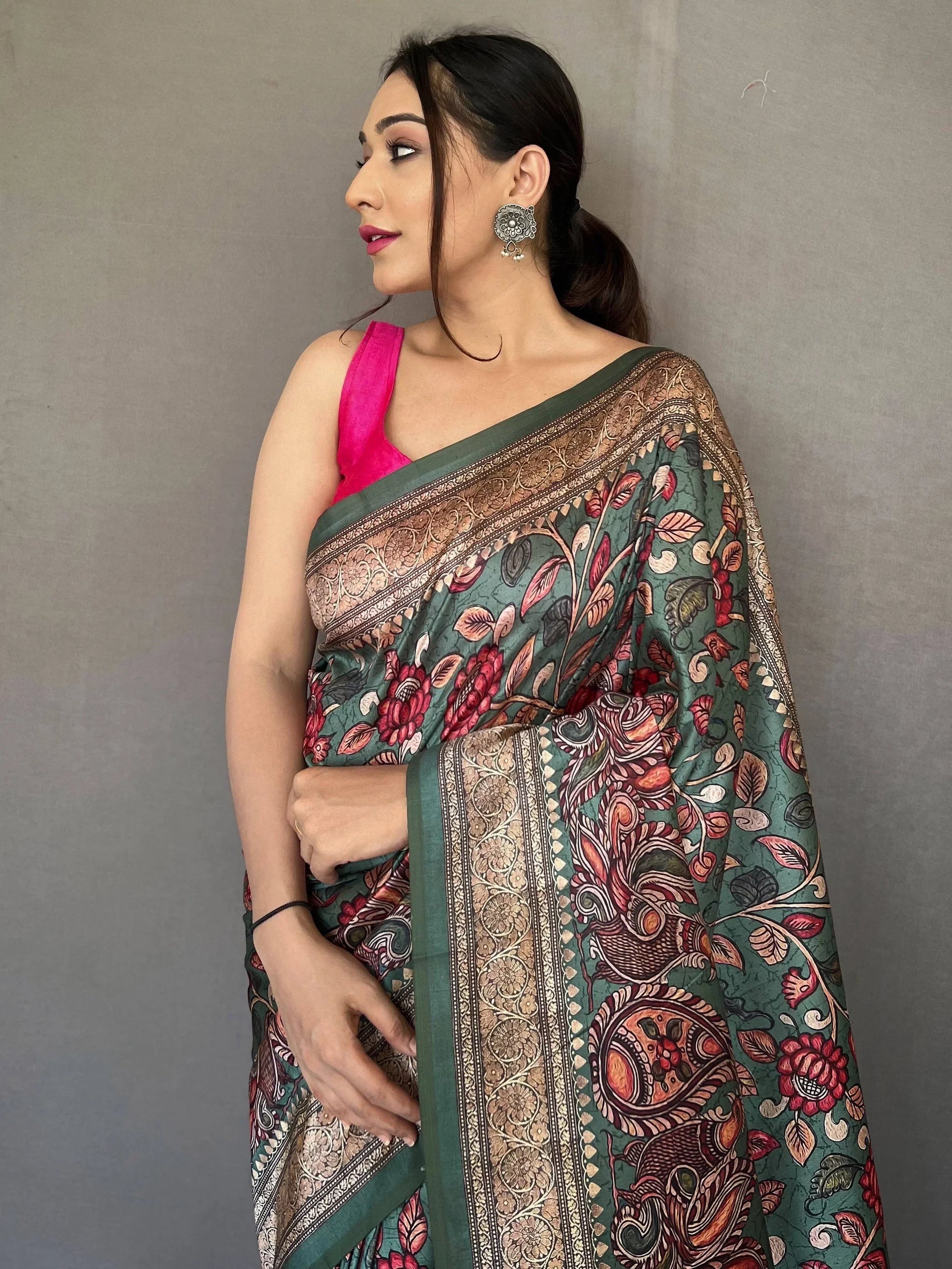 Attractive Teal Green Kalamkari Printed Soft Silk Saree With Blouse - Zeel Clothing