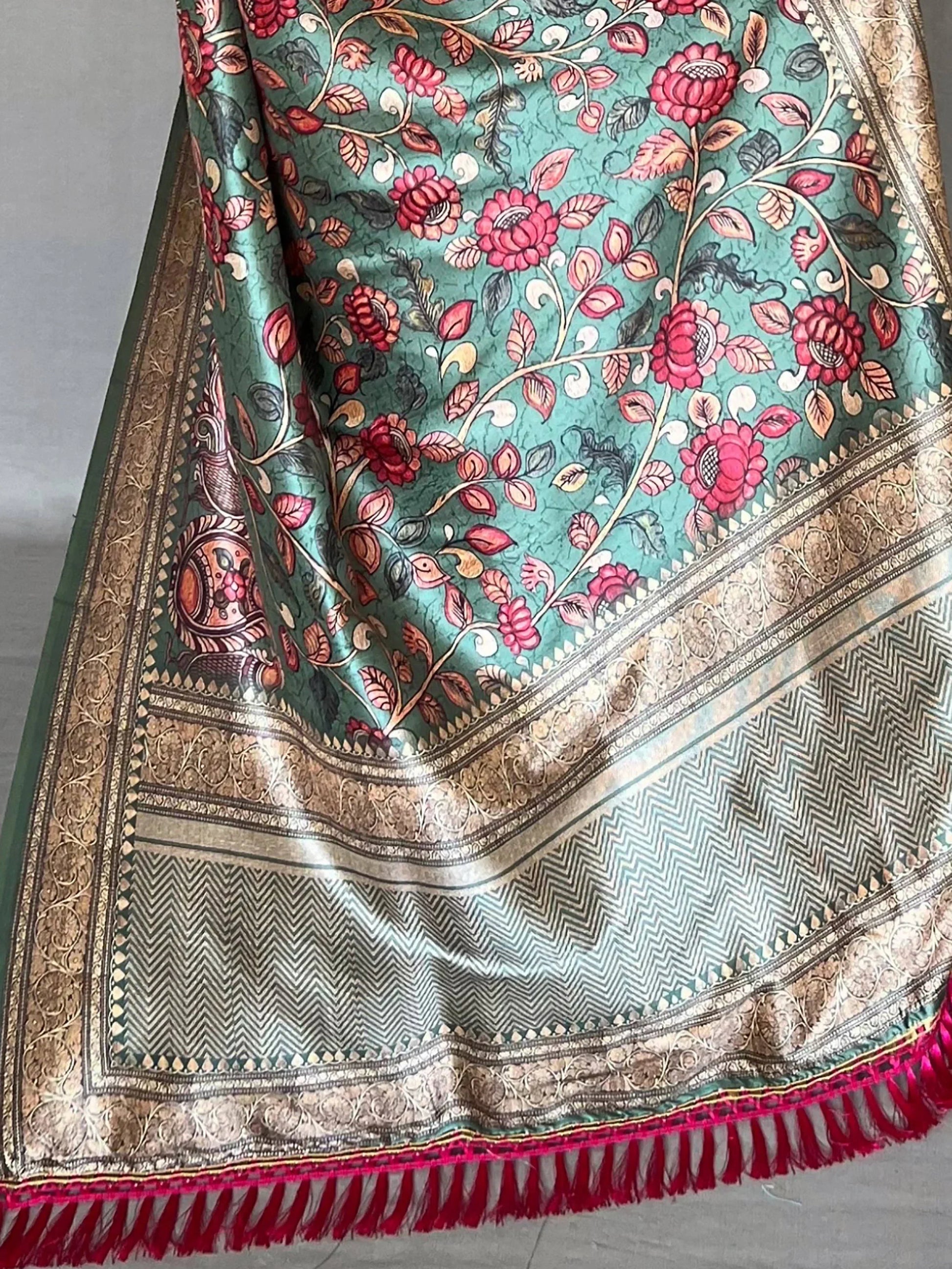 Attractive Teal Green Kalamkari Printed Soft Silk Saree With Blouse - Zeel Clothing