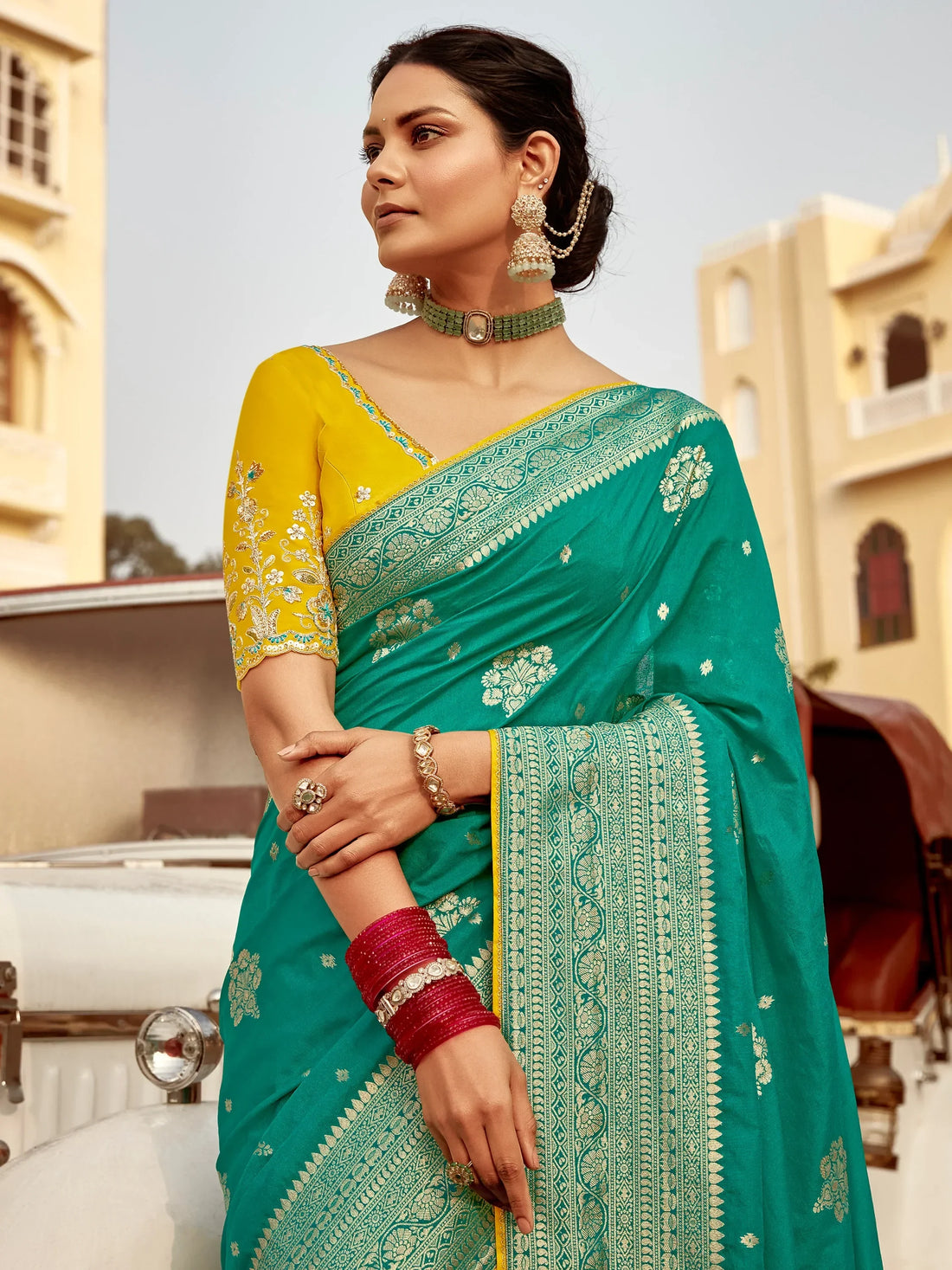 Attractive Teal Green Zari Weaving Dola Silk Engagement Wear Saree With Blouse - Zeel Clothing