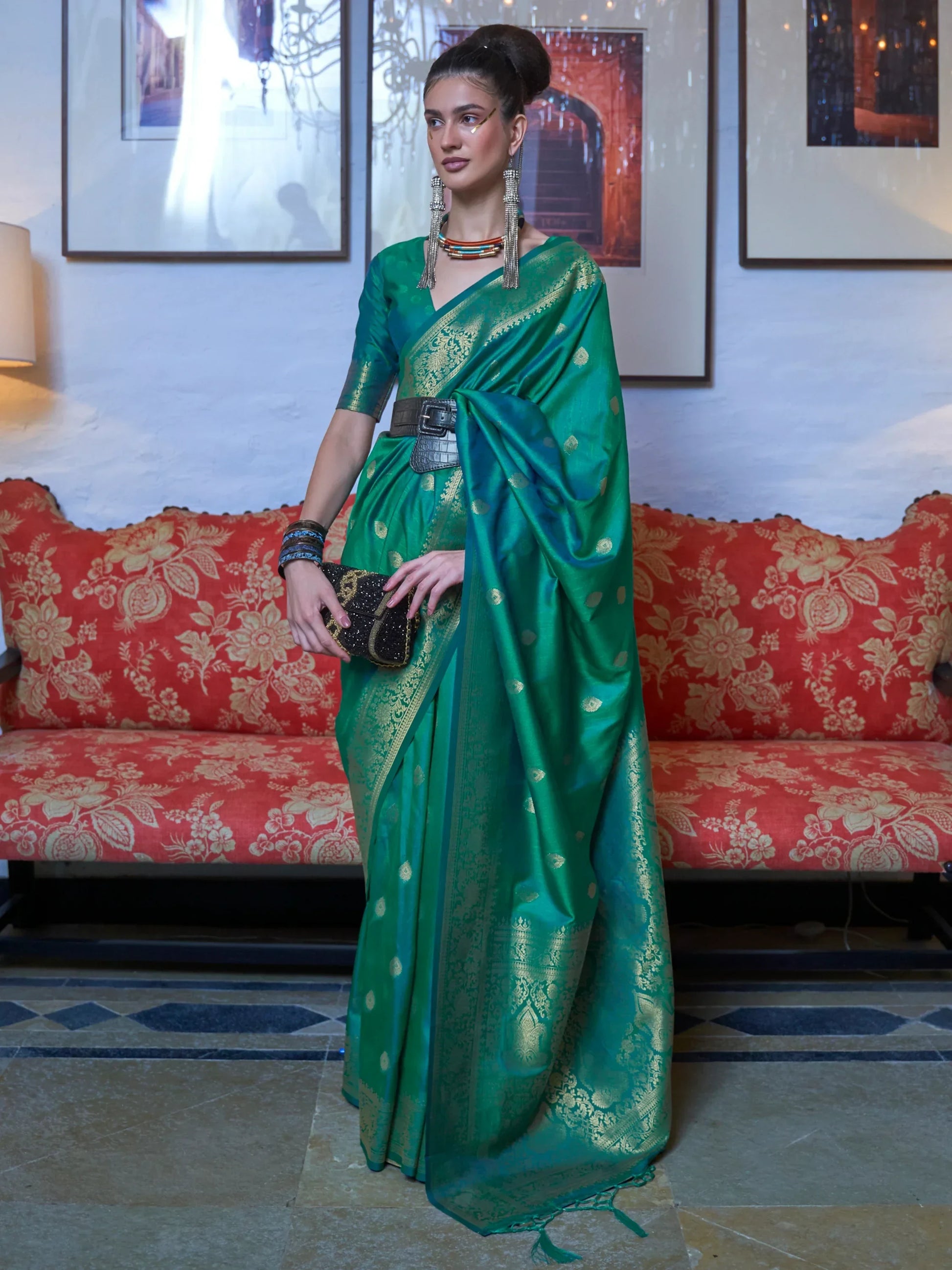 Attractive Teal Green Zari Weaving Silk Festival Wear Saree With Blouse - Zeel Clothing