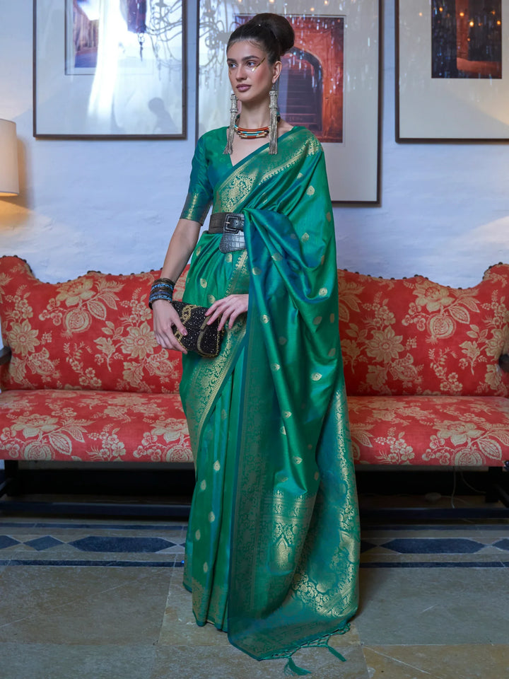 Attractive Teal Green Zari Weaving Silk Festival Wear Saree With Blouse - Zeel Clothing