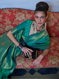 Attractive Teal Green Zari Weaving Silk Festival Wear Saree With Blouse - Zeel Clothing