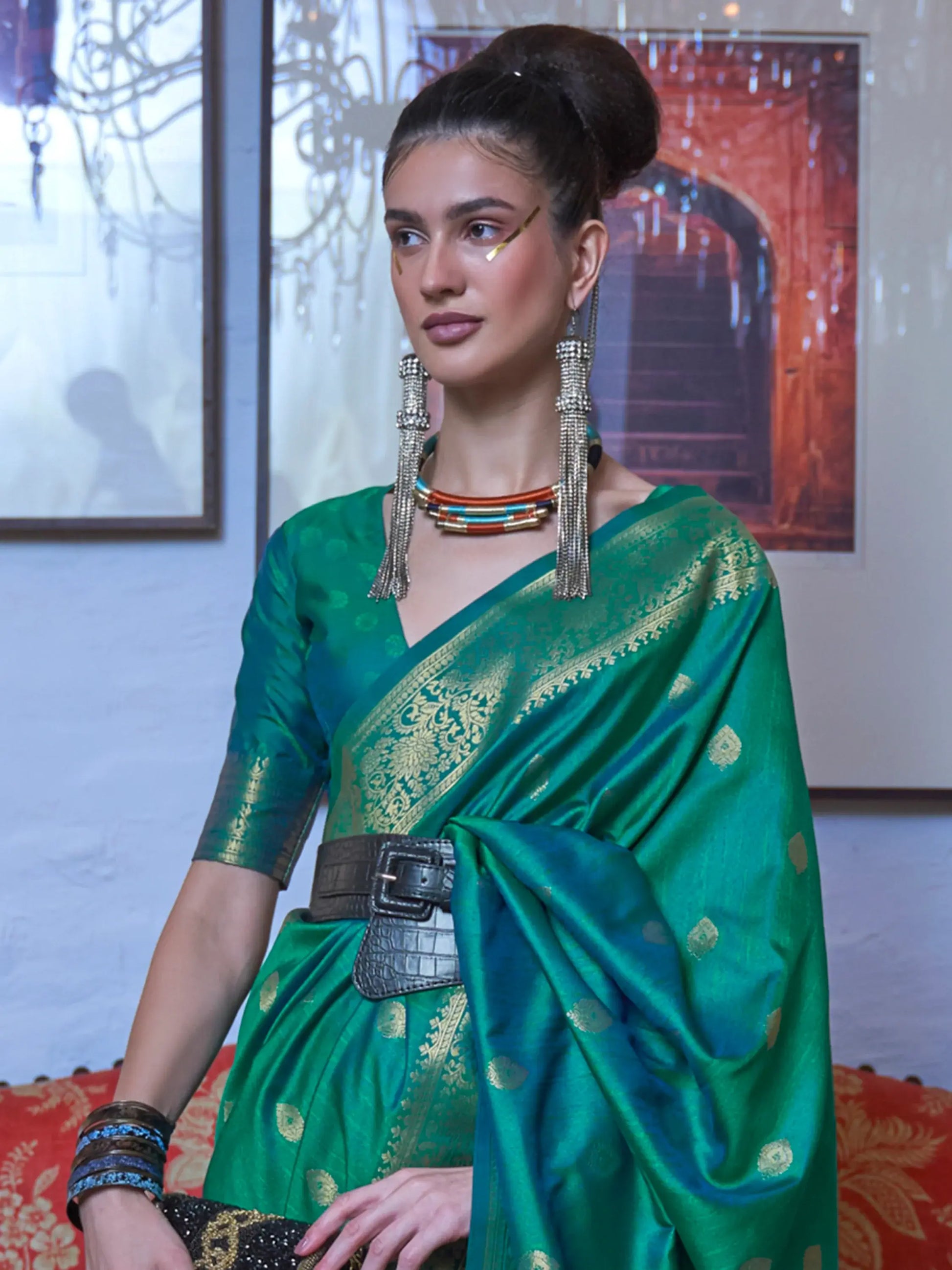 Attractive Teal Green Zari Weaving Silk Festival Wear Saree With Blouse - Zeel Clothing