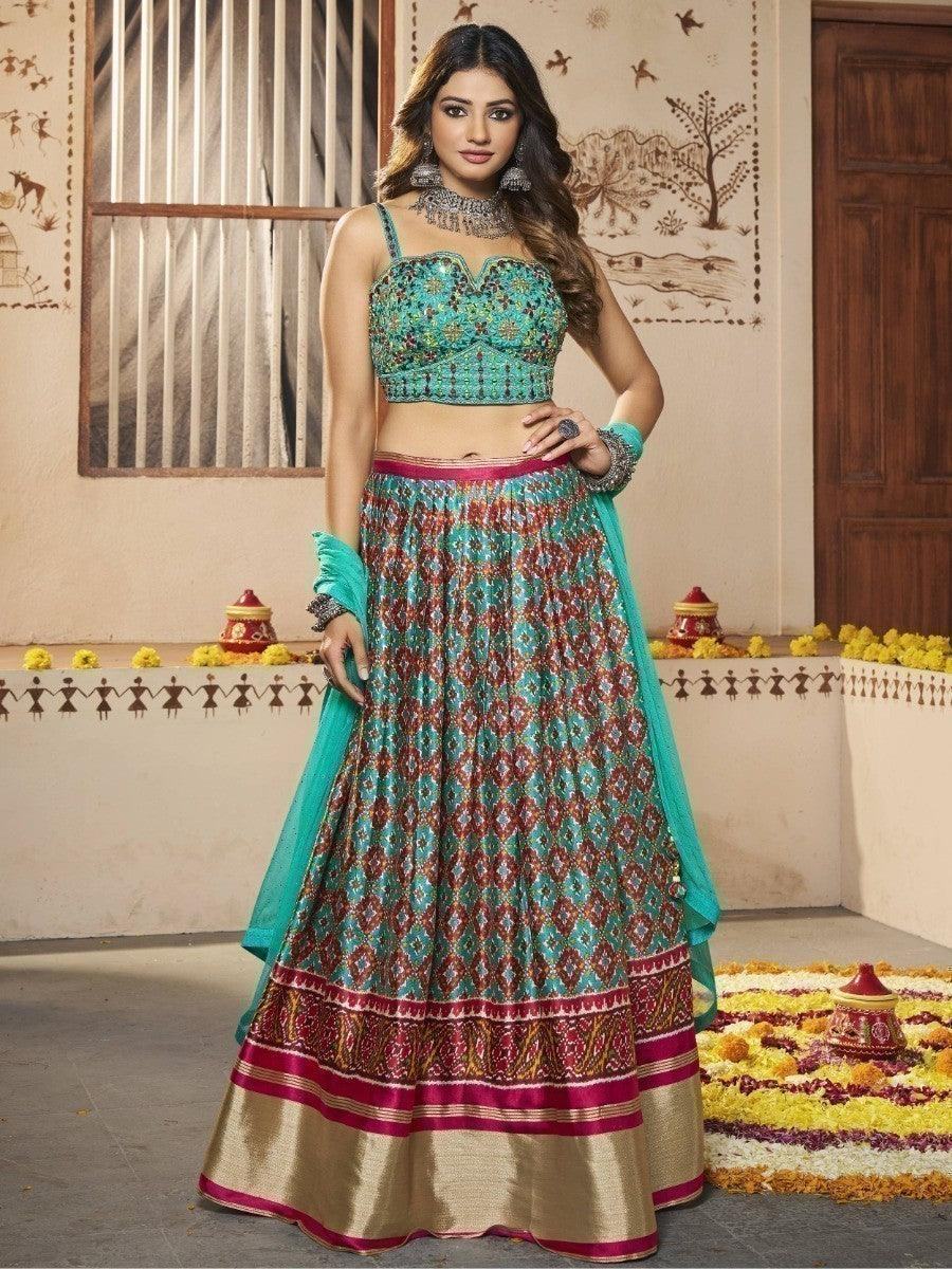 Attractive Turquoise Patola Print Silk Lehenga With Embroidered Choli