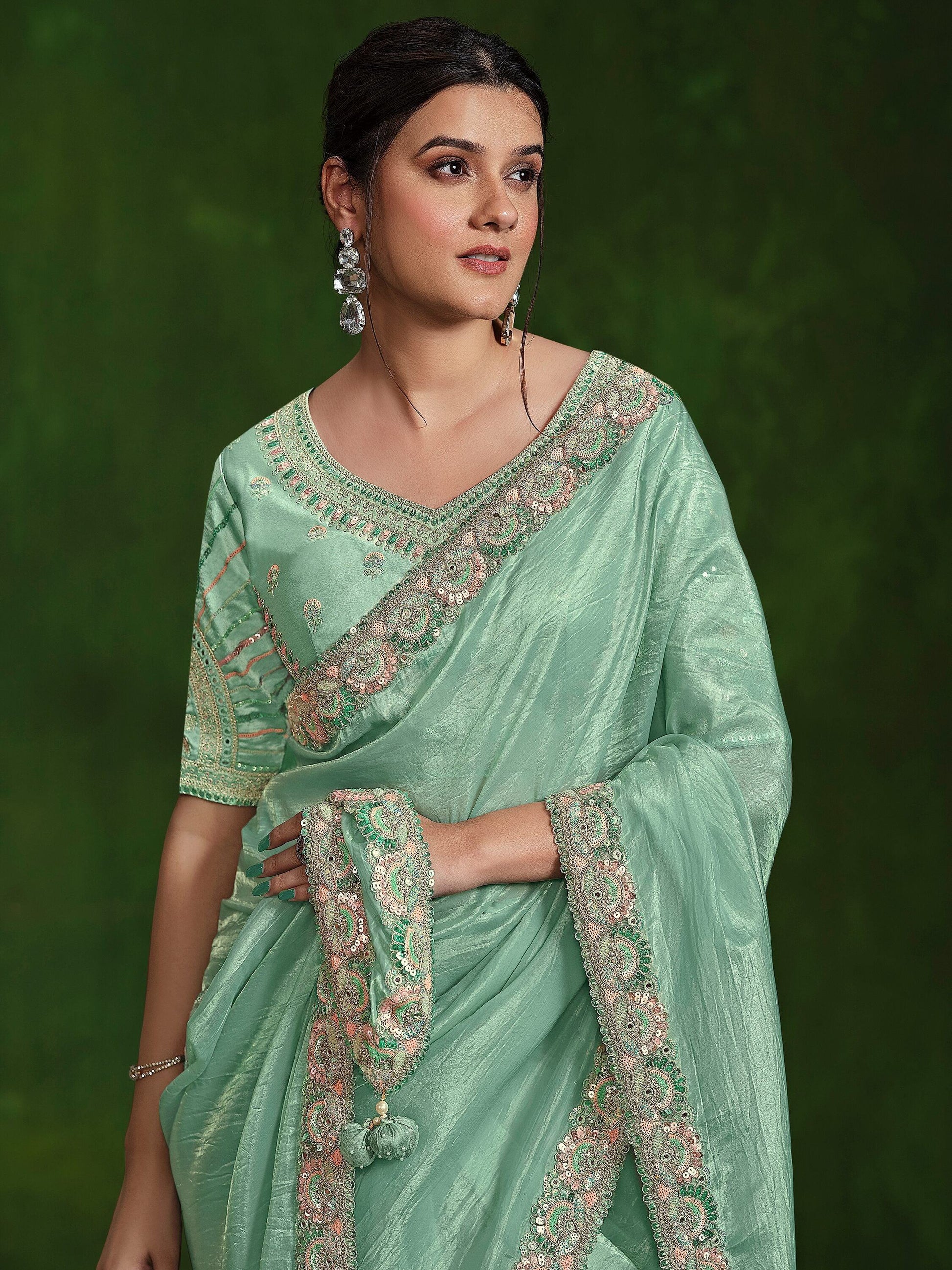 Attractive Turquoise Satin Reception Wear Saree With Blouse - Zeel Clothing