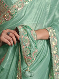 Attractive Turquoise Satin Reception Wear Saree With Blouse - Zeel Clothing