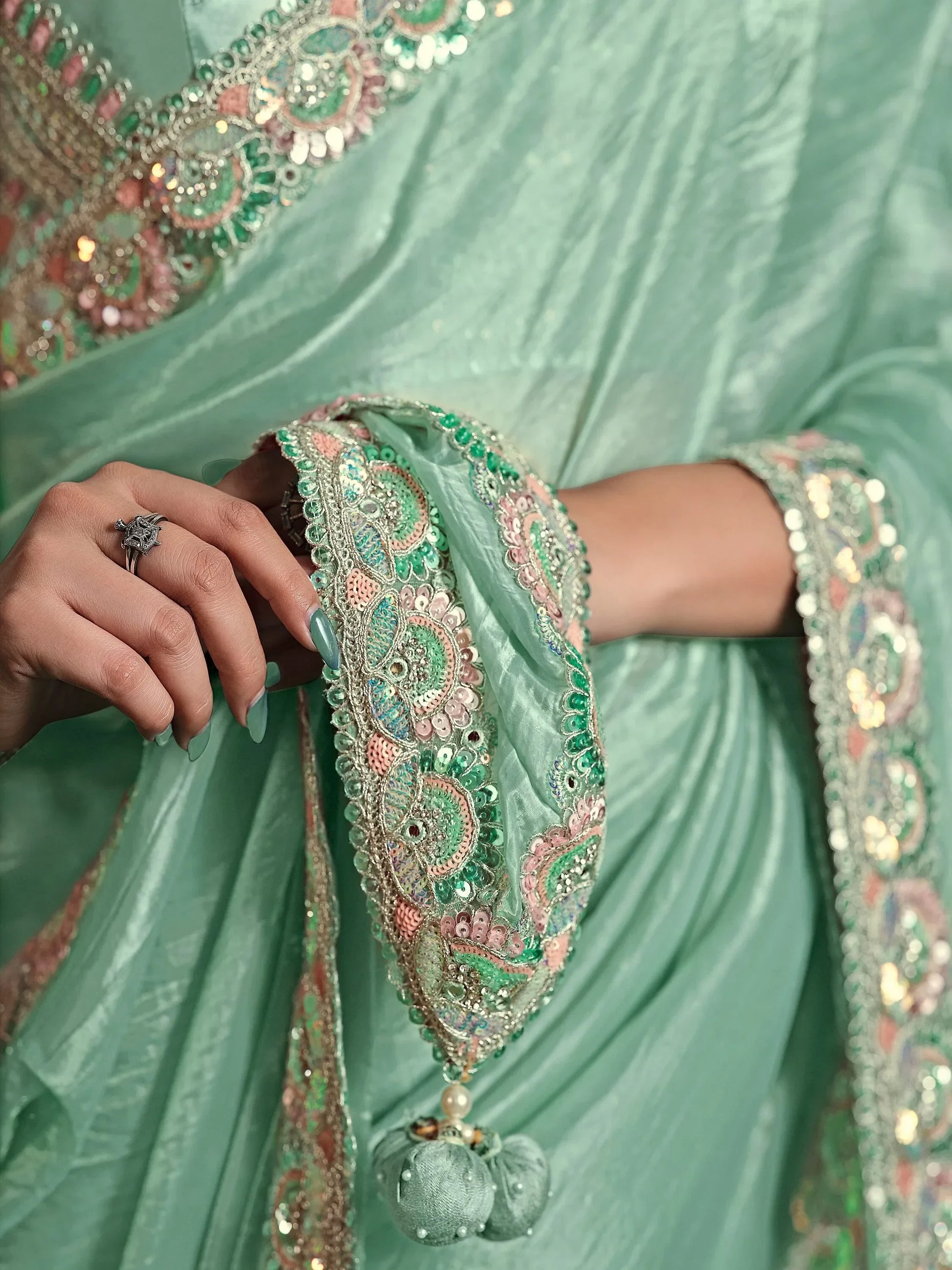Attractive Turquoise Satin Reception Wear Saree With Blouse - Zeel Clothing