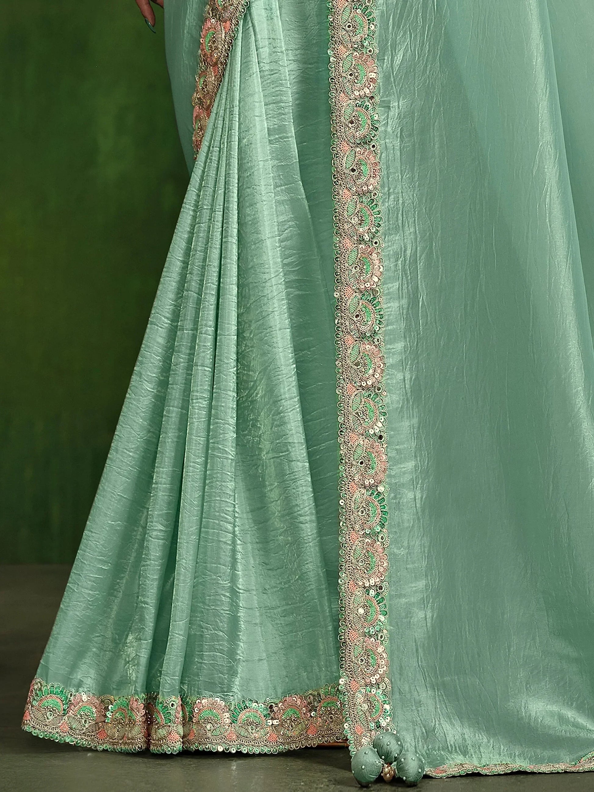 Attractive Turquoise Satin Reception Wear Saree With Blouse - Zeel Clothing