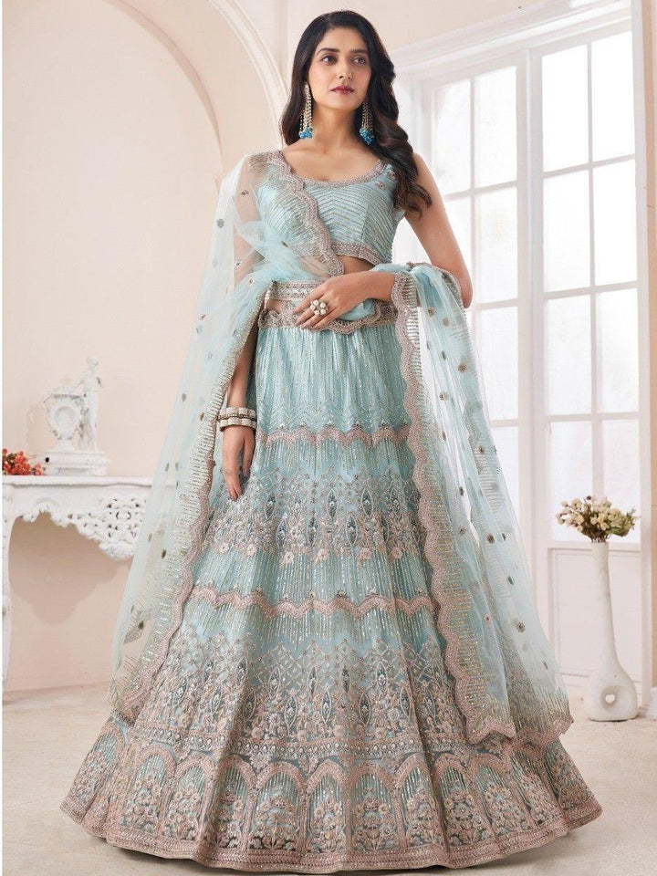 Attractive Turquoise Sequins Net Reception Wear Lehenga Choli