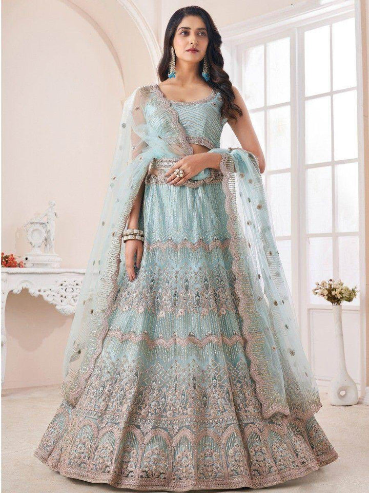 Attractive Turquoise Sequins Net Reception Wear Lehenga Choli - Zeel Clothing