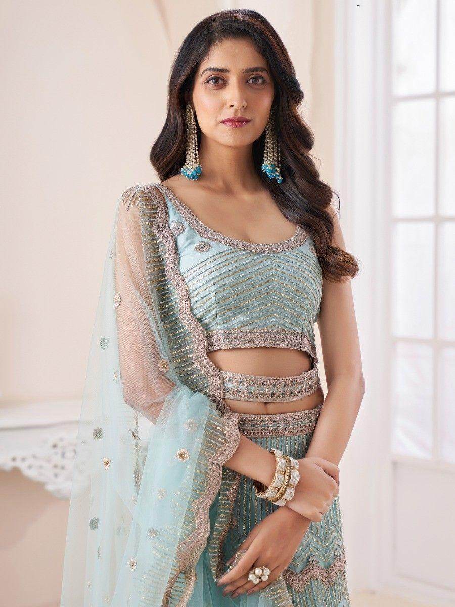 Attractive Turquoise Sequins Net Reception Wear Lehenga Choli - Zeel Clothing