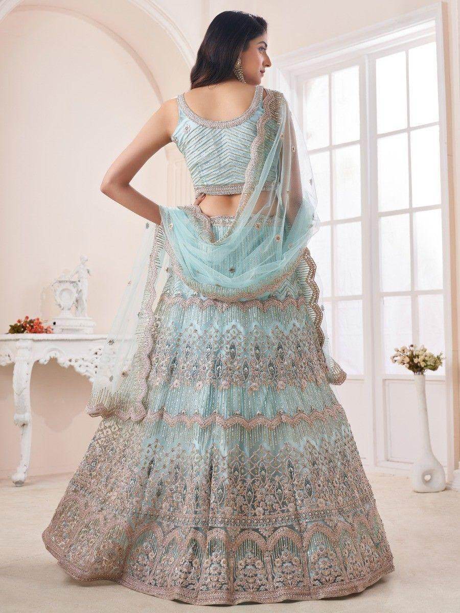 Attractive Turquoise Sequins Net Reception Wear Lehenga Choli - Zeel Clothing