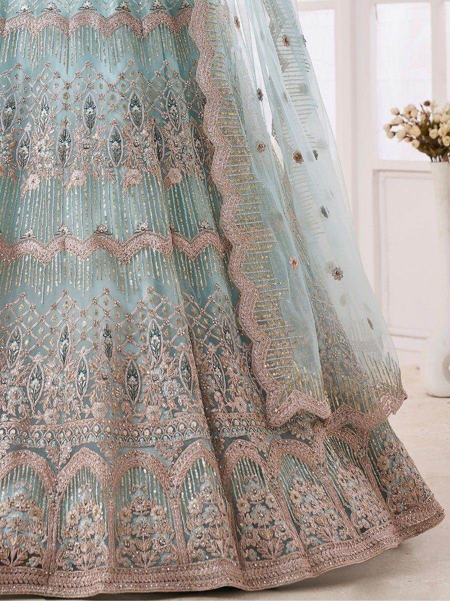 Attractive Turquoise Sequins Net Reception Wear Lehenga Choli - Zeel Clothing