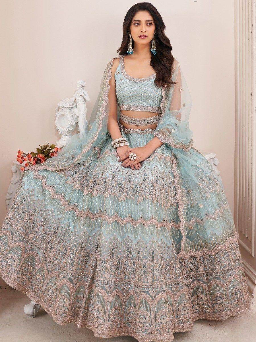 Attractive Turquoise Sequins Net Reception Wear Lehenga Choli - Zeel Clothing