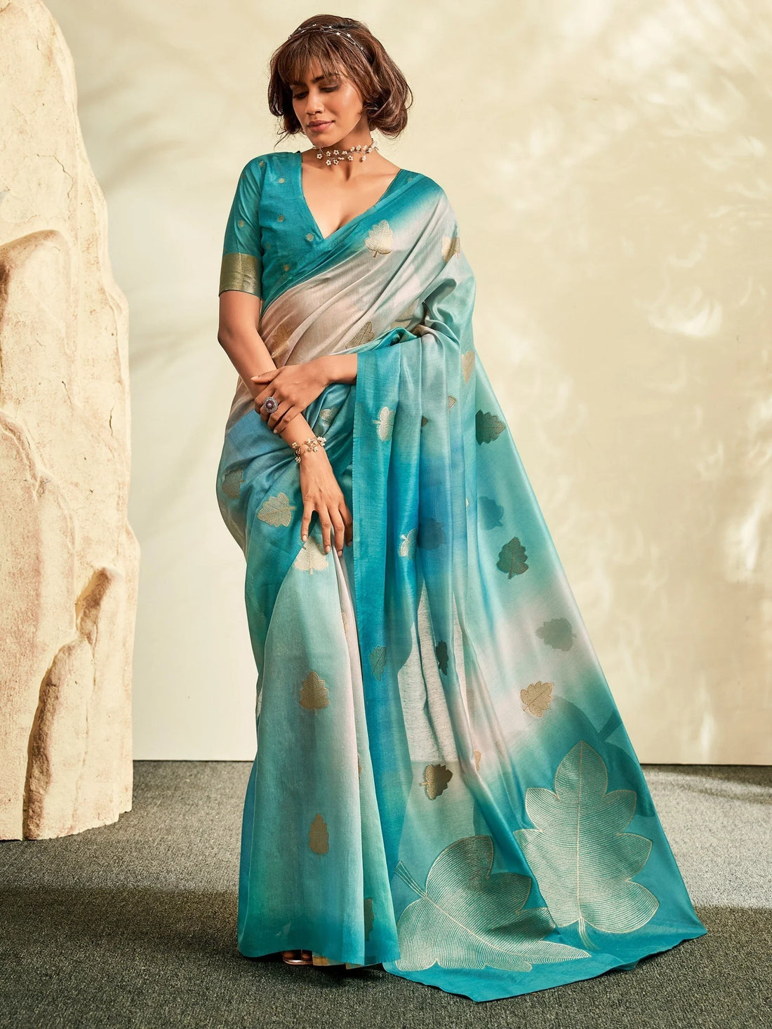 Attractive Turquoise Thread Work Silk Function Wear Saree With Blouse
